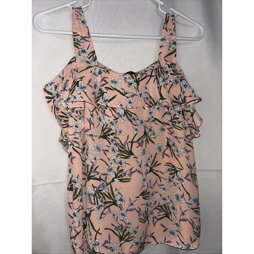 BANANA REPUBLIC Pink FLORAL Crepe RUFFLED Wide Straps PULLOVER Tank Top Sz XS